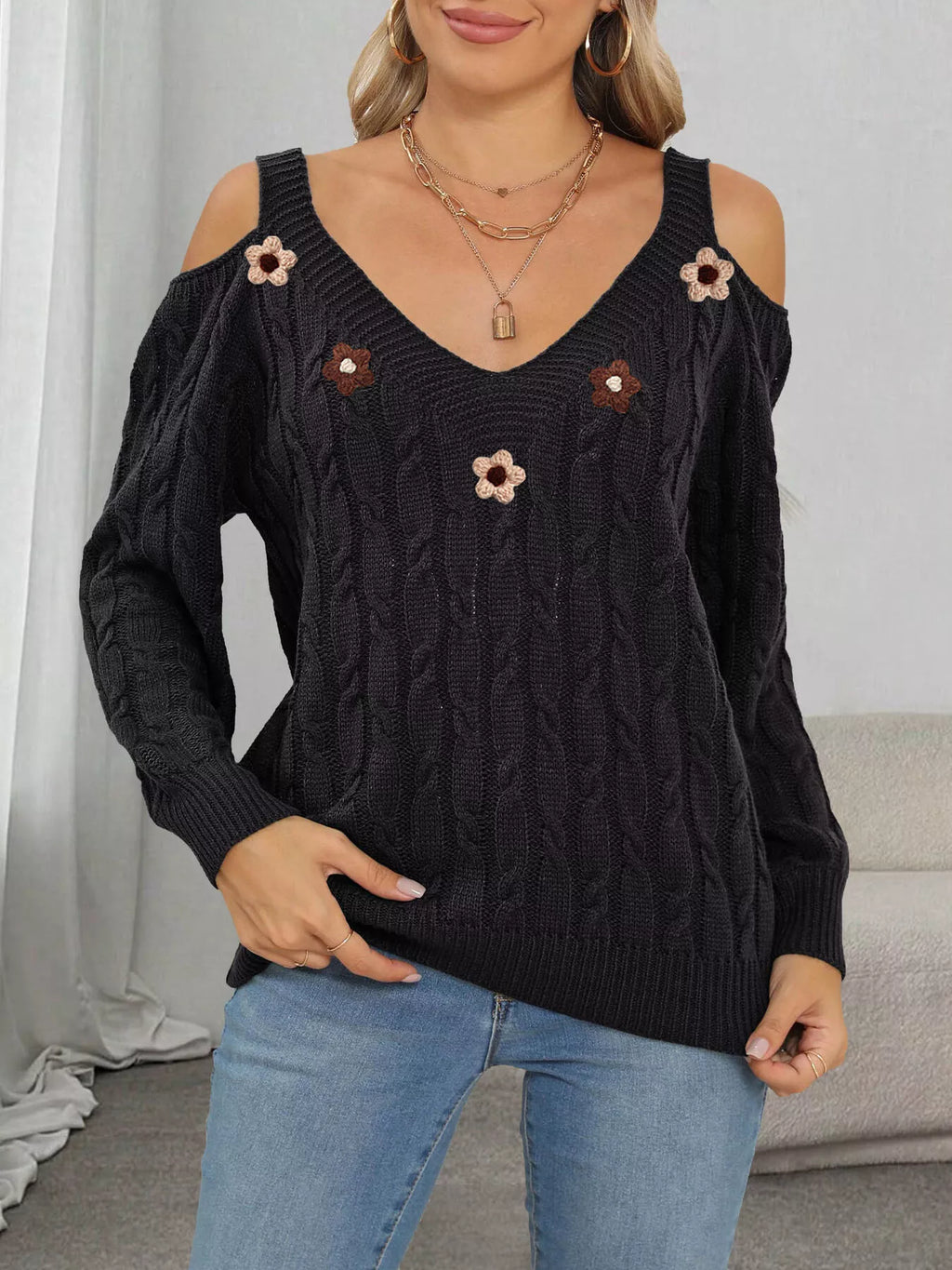 Floral Applique Cold Shoulder Cable Knit Sweater