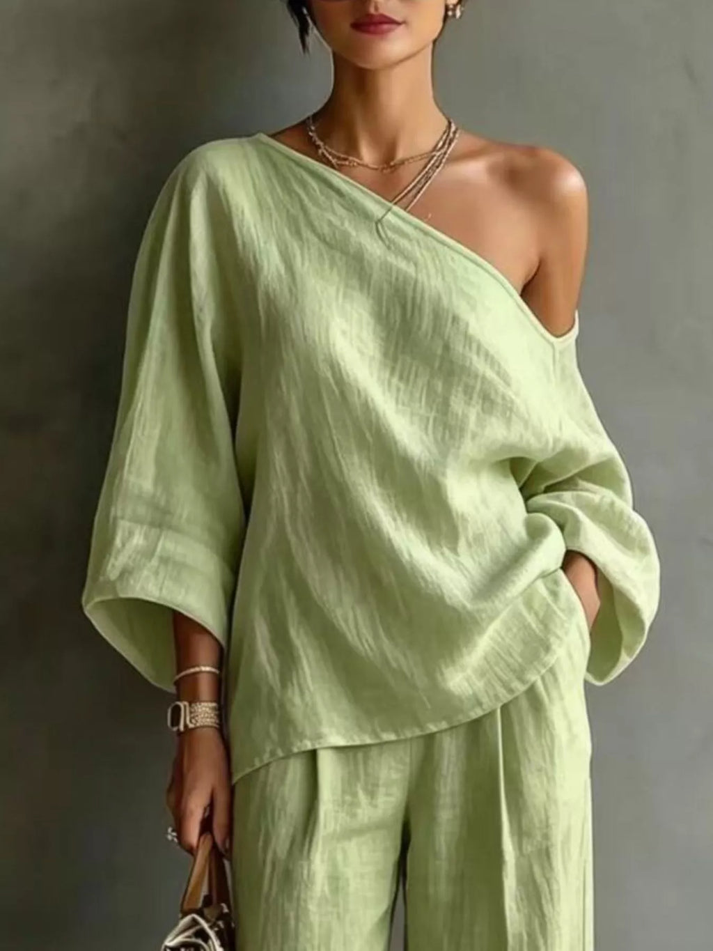One Shoulder Top and Wide Leg Pants Set