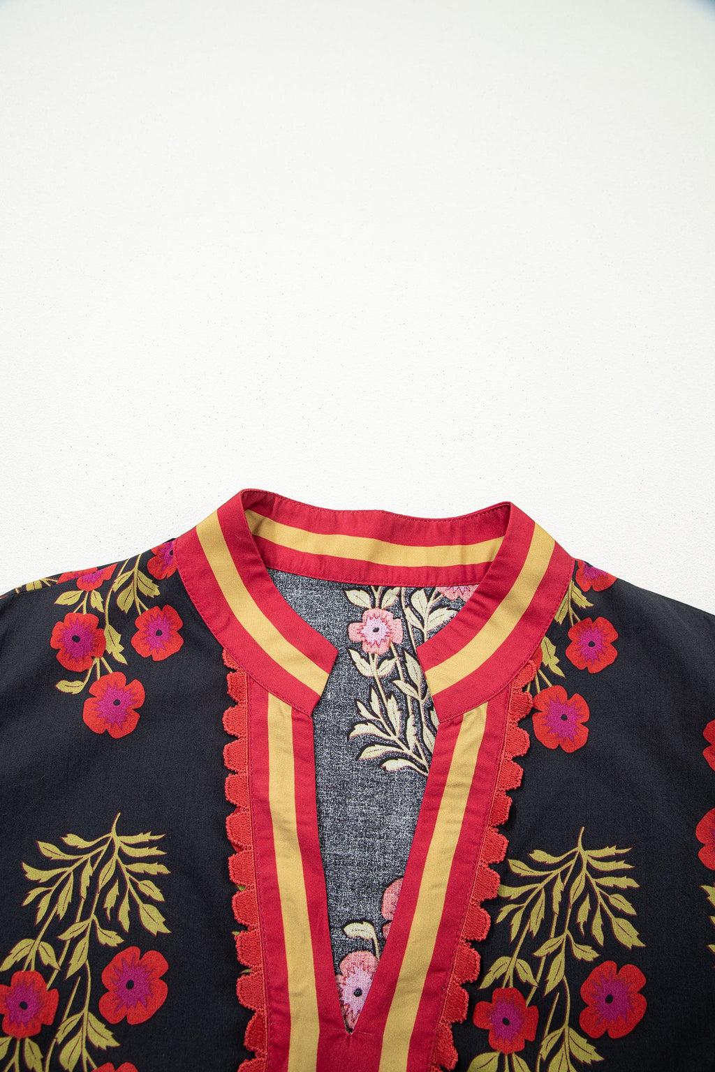 Black Plus Size Floral Print Ricrac Striped Trim Short Sleeve Cotton Blouse