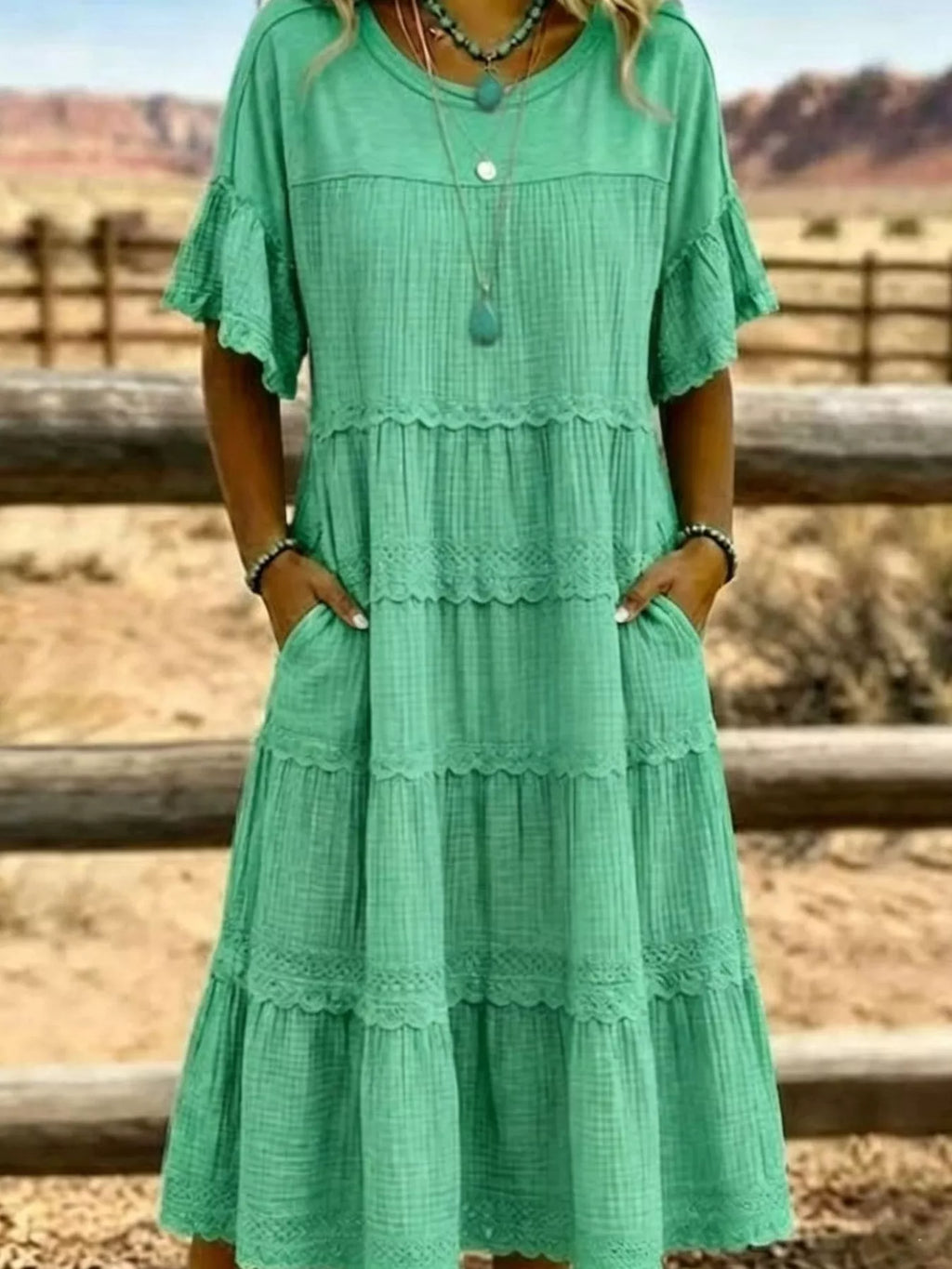 Full Size Tiered Ruffle Sleeve Midi Dress with Pockets Plus Size