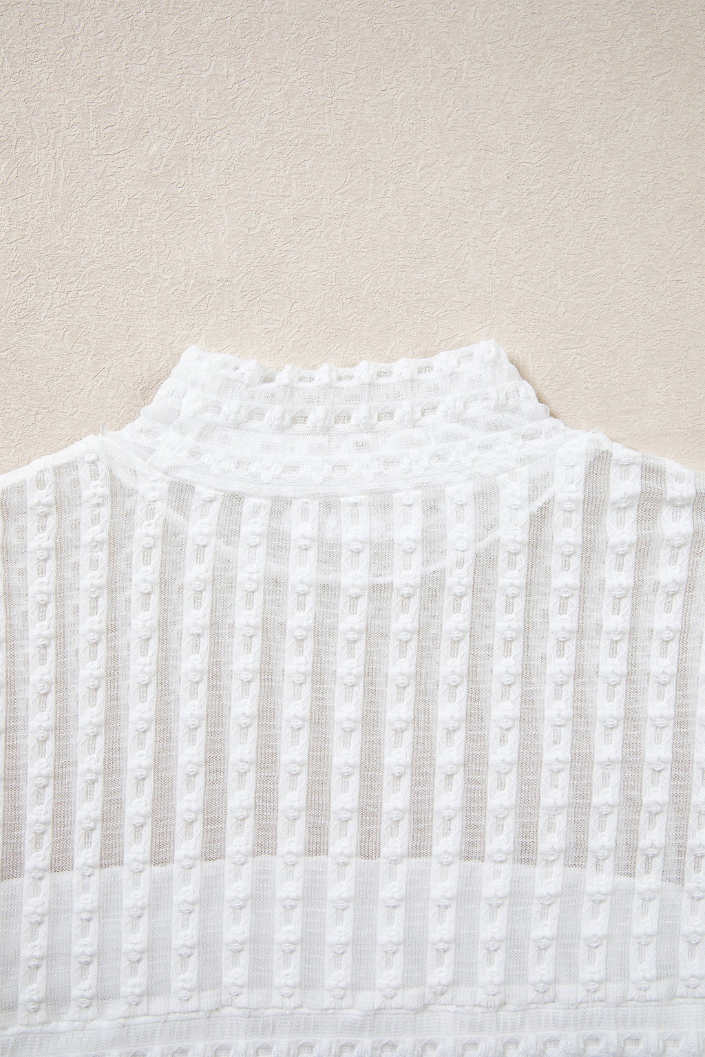 Beige Textured Sheer Lace High Neck Long Sleeve Top