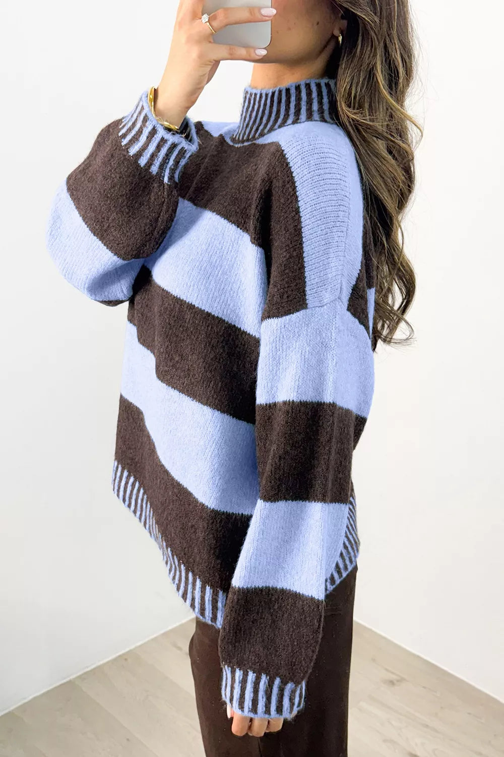 Striped Mock Neck Dropped Shoulder Sweater