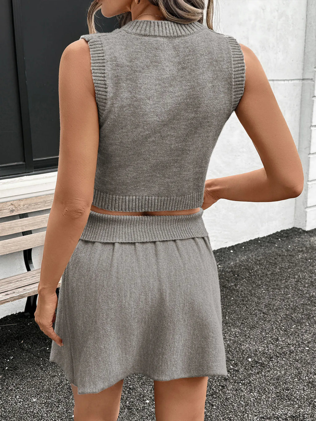 V-Neck Vest and Skirt Knit Set