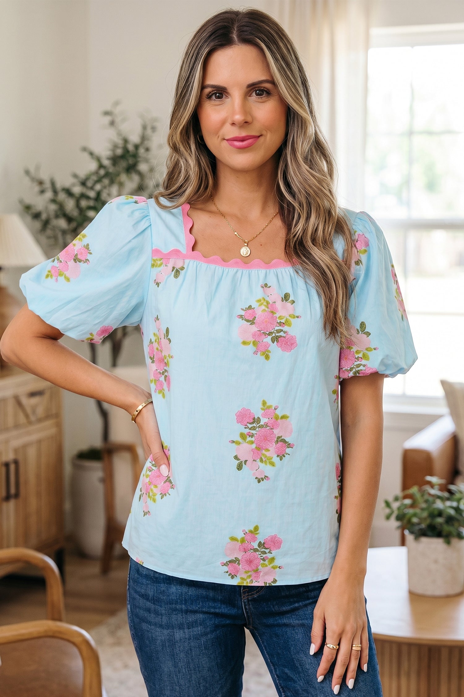 Sky Blue Floral Printed Contrast Ricrac Detail Bubble Sleeve Blouse
