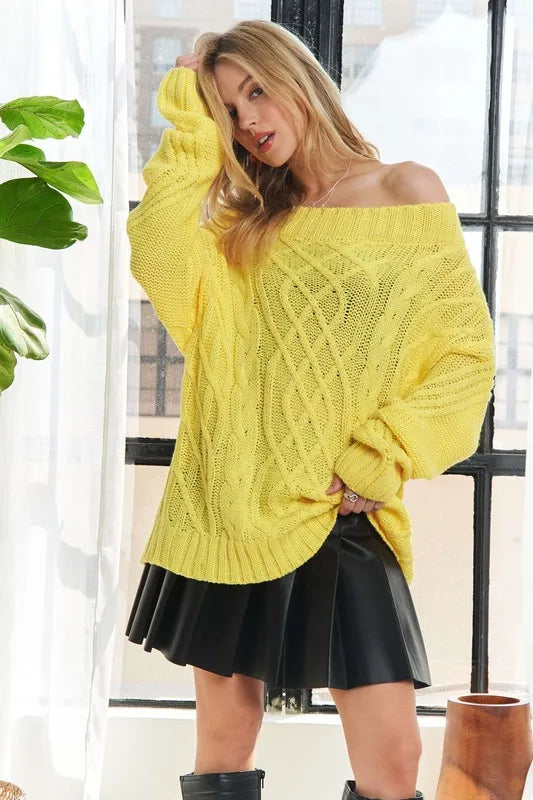 Off-Shoulder Cable Knit Oversized Sweater