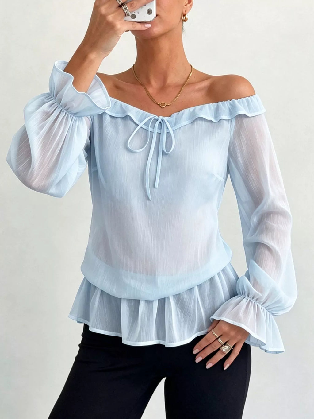 Off-Shoulder Flounce Sleeve Chiffon Blouse