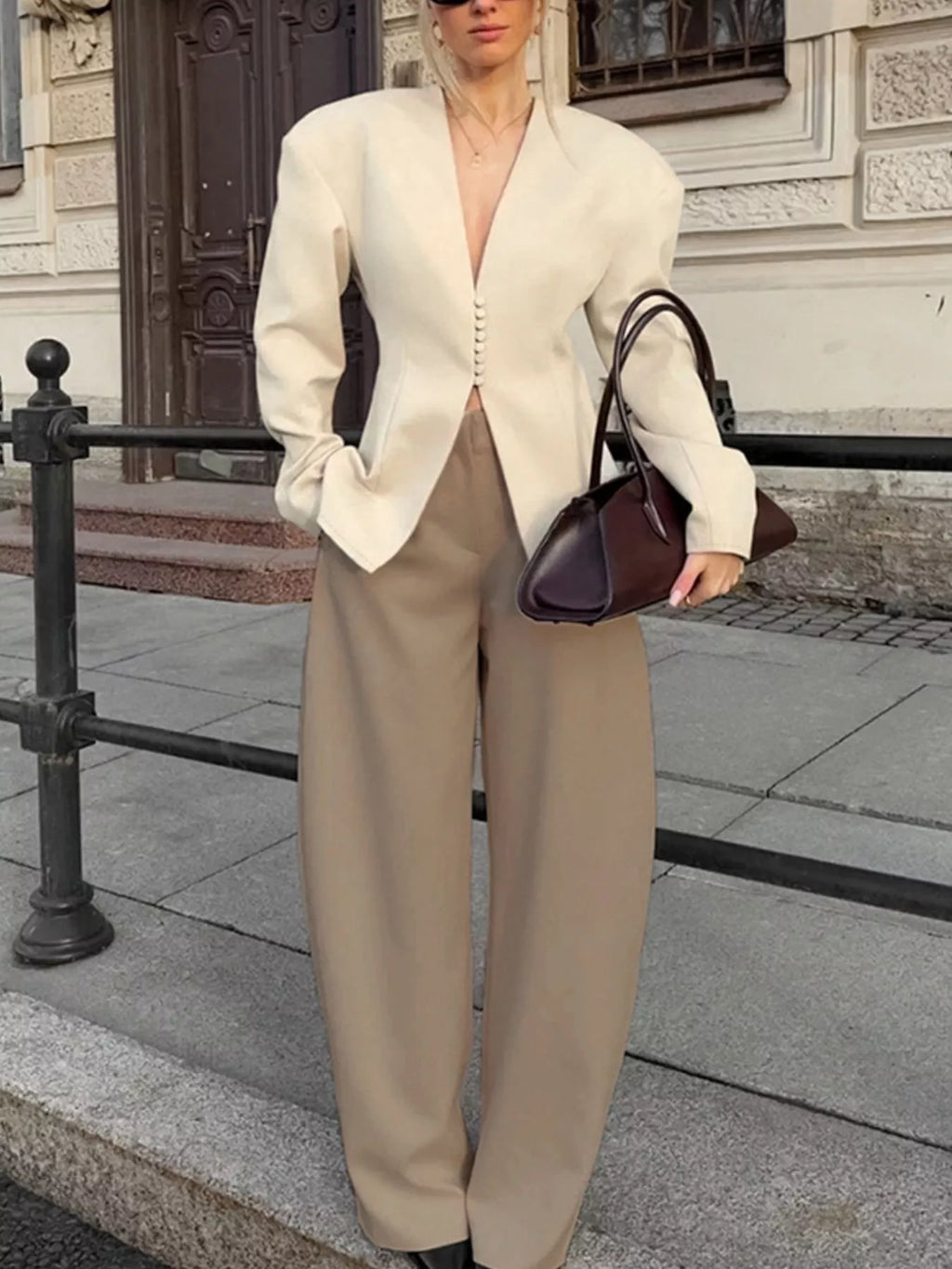 V-Neck Button-Up Blazer with Structured Shoulders