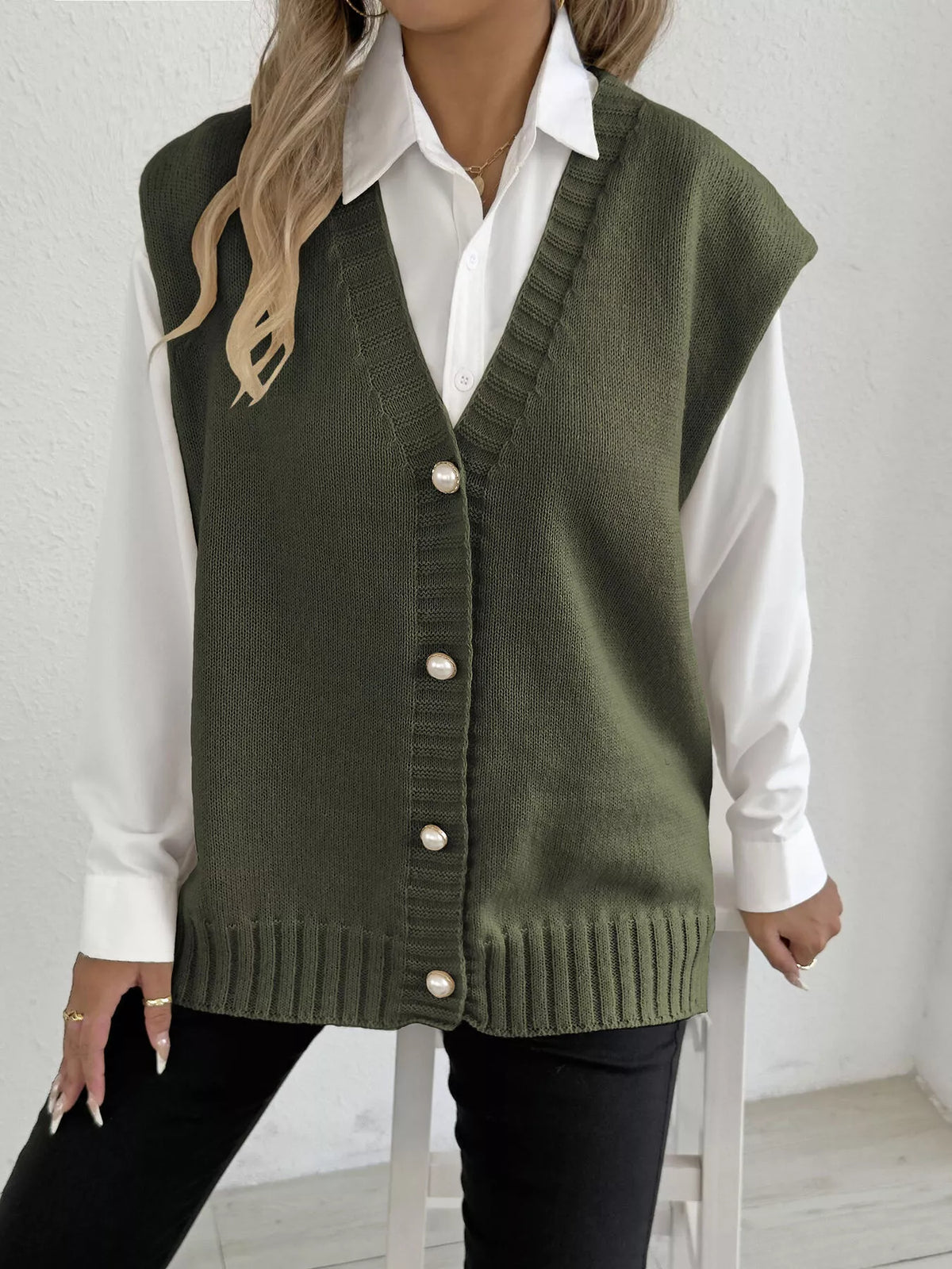 V-Neck Button-Front Knit Sweater Vest
