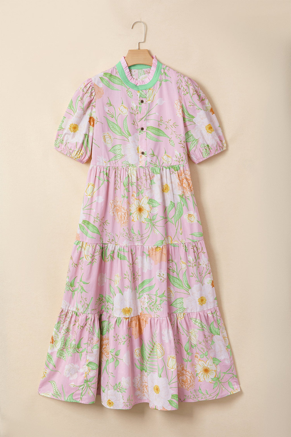 Pink Floral Print Short Puff Sleeve High Waist Tiered Maxi Dress