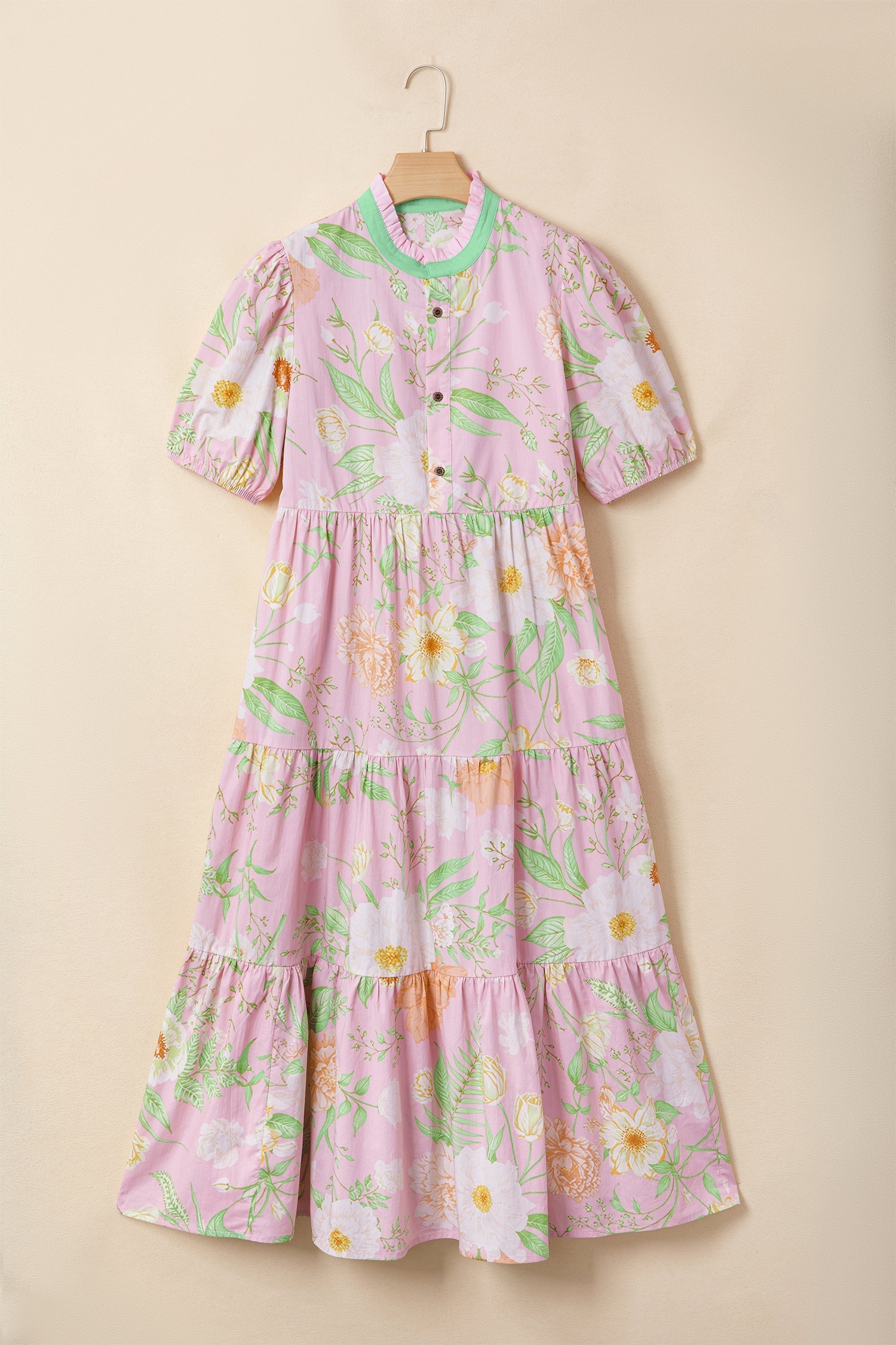 Pink Floral Print Short Puff Sleeve High Waist Tiered Maxi Dress