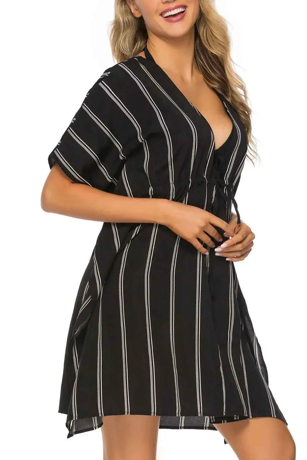 Drawstring Striped V-Neck Short Sleeve Beach Cover-Up