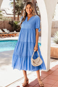 Dusk Blue Gingham Textured Bow Tie Short Sleeve Tiered Midi Dress
