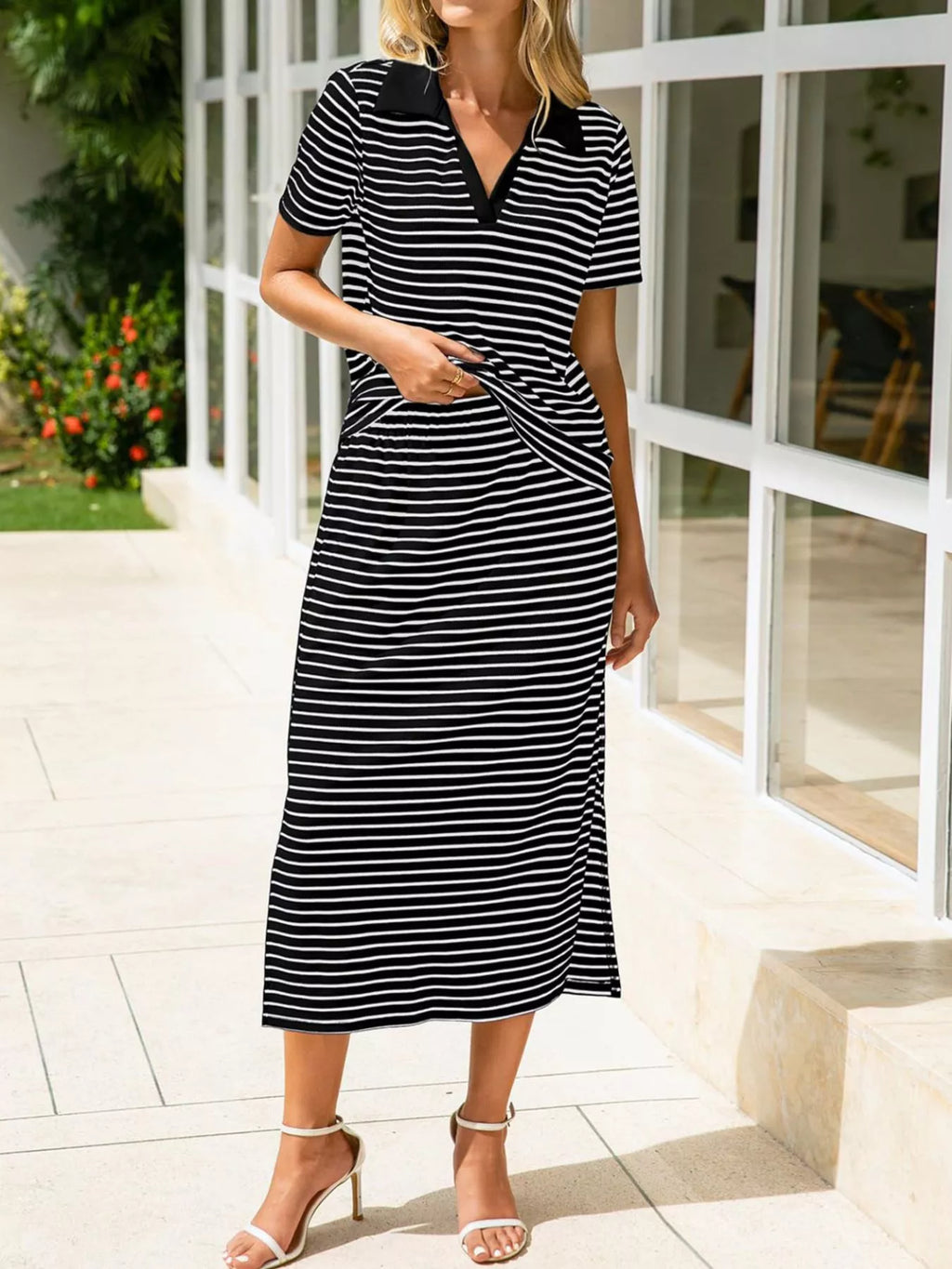 Striped Polo Collar Top and Slit Skirt Two-Piece Set