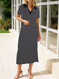 Striped Polo Collar Top and Slit Skirt Two-Piece Set