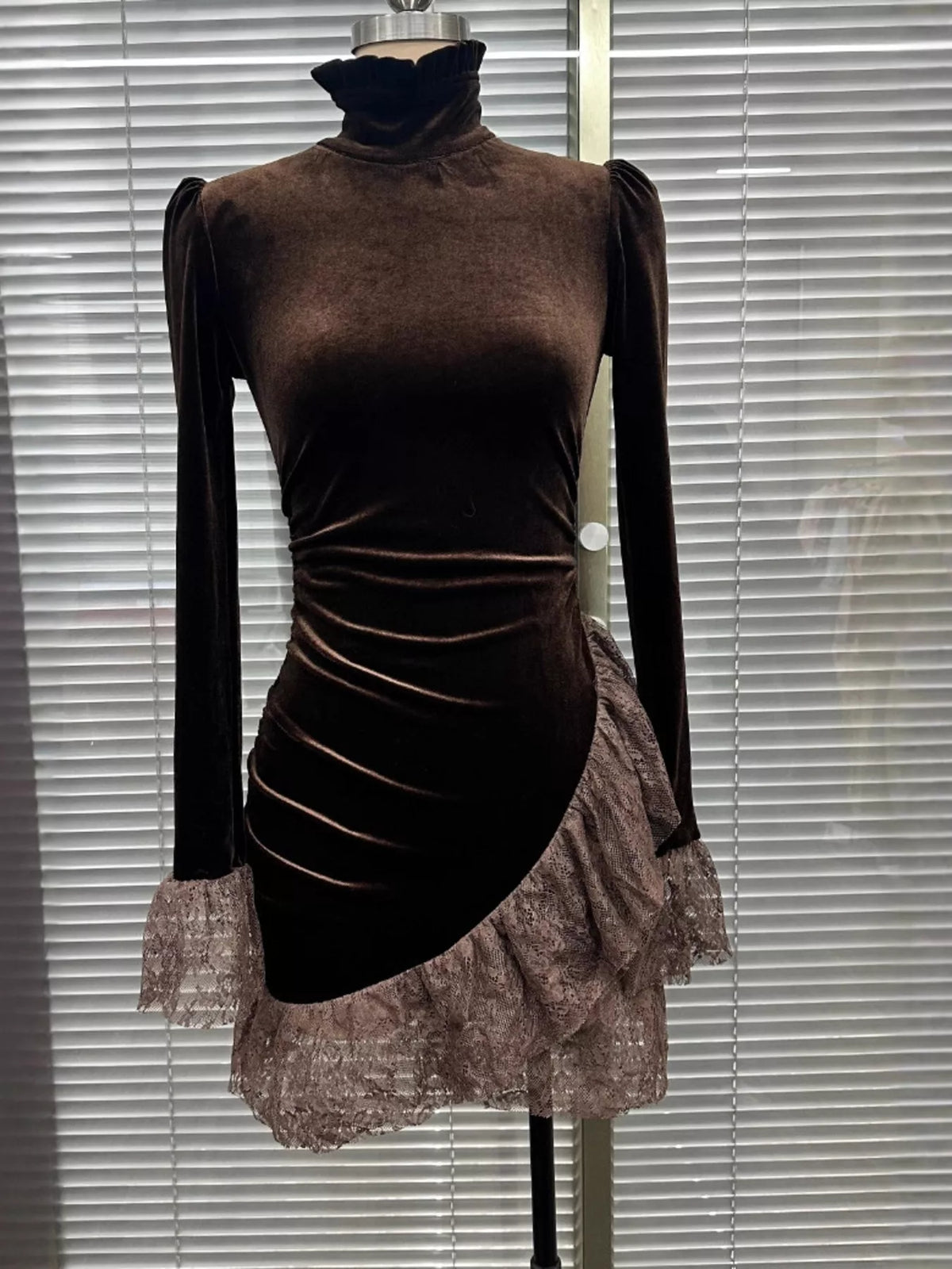 Velvet Mock Neck Mini Dress with Lace Ruffle Trim