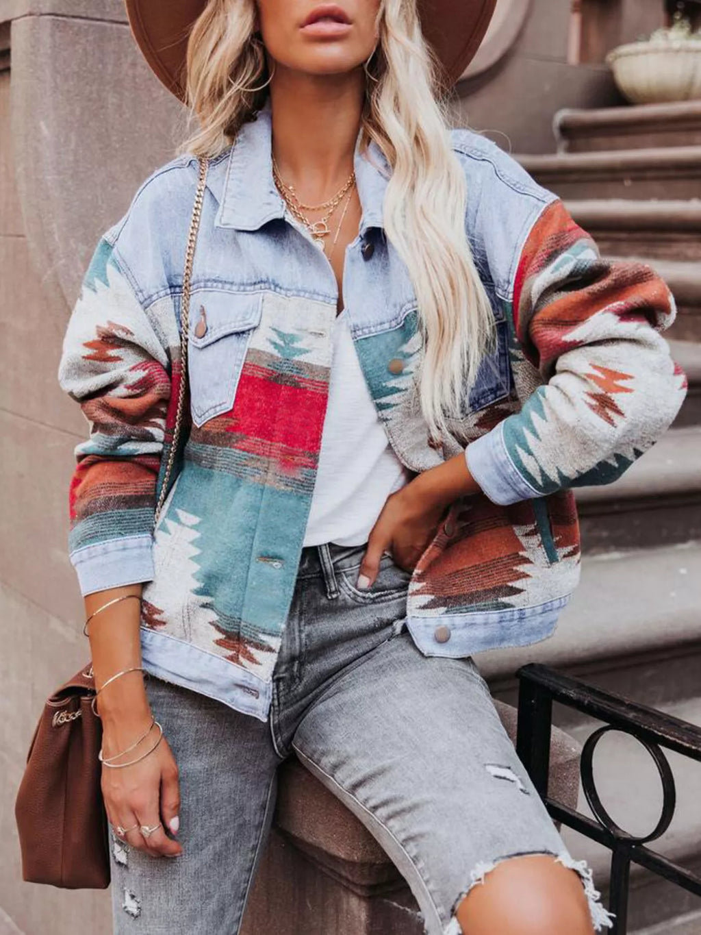 Geometric Print Denim Jacket