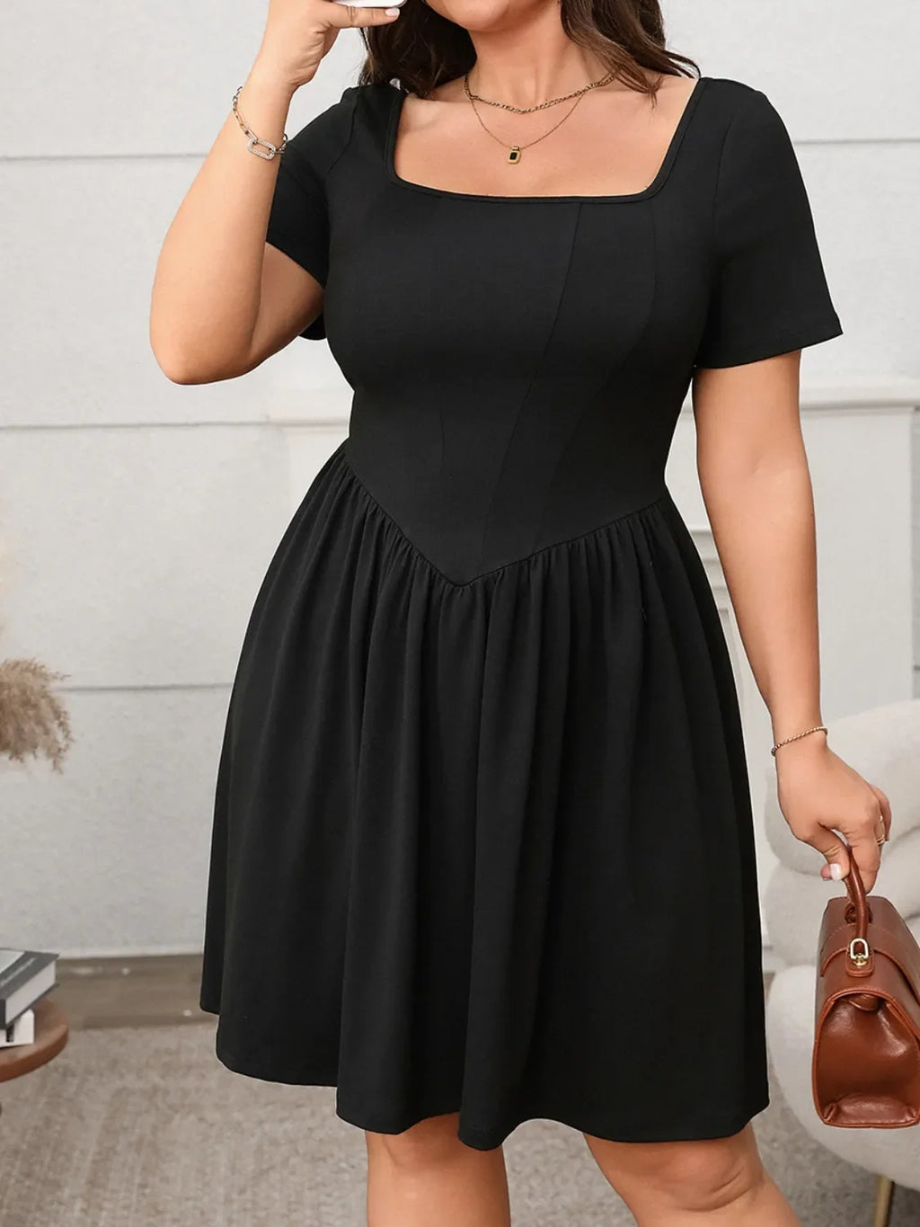 Square Neck Short Sleeve Mini Dress