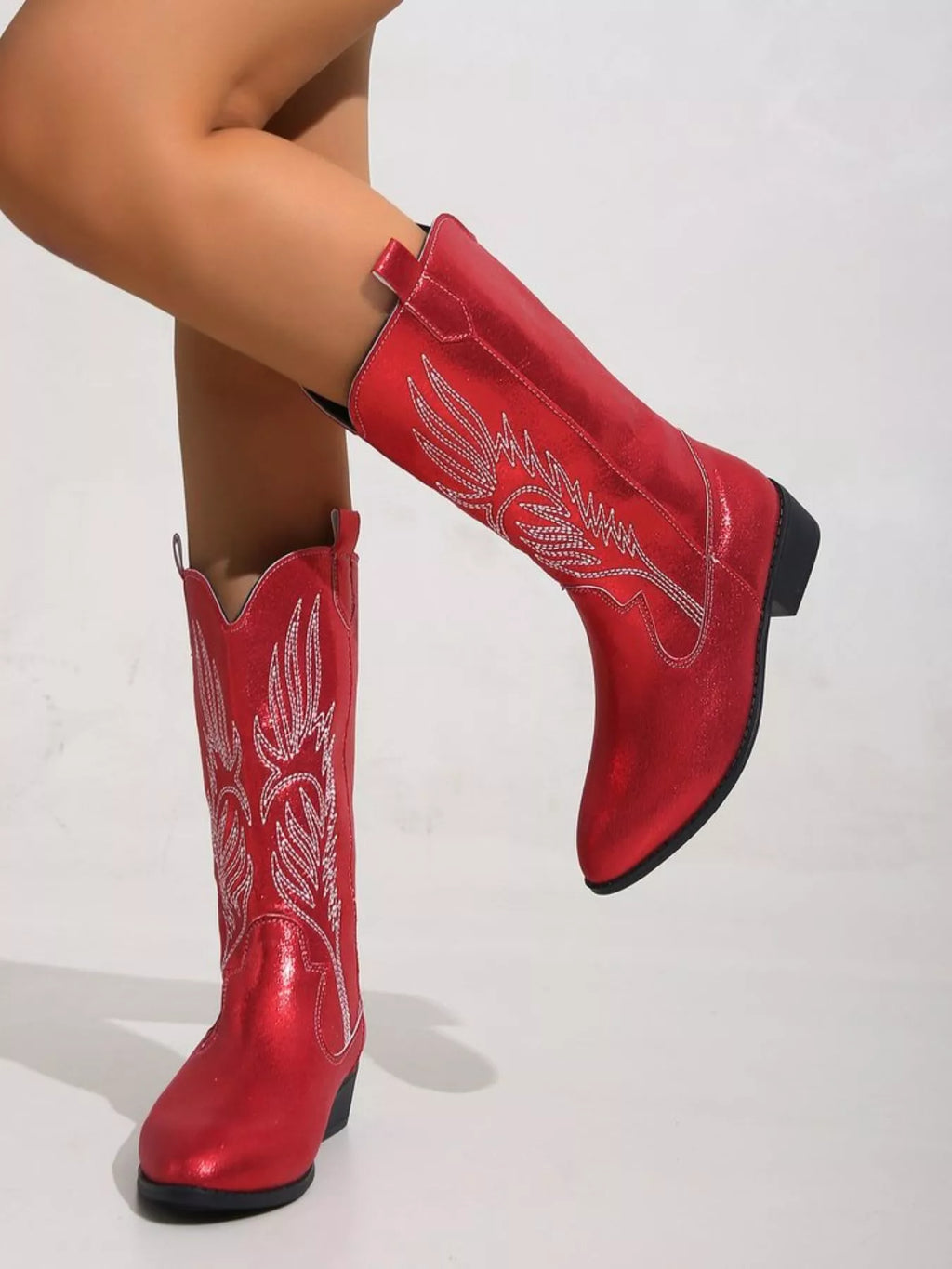 Embroidered Block Heels Boots