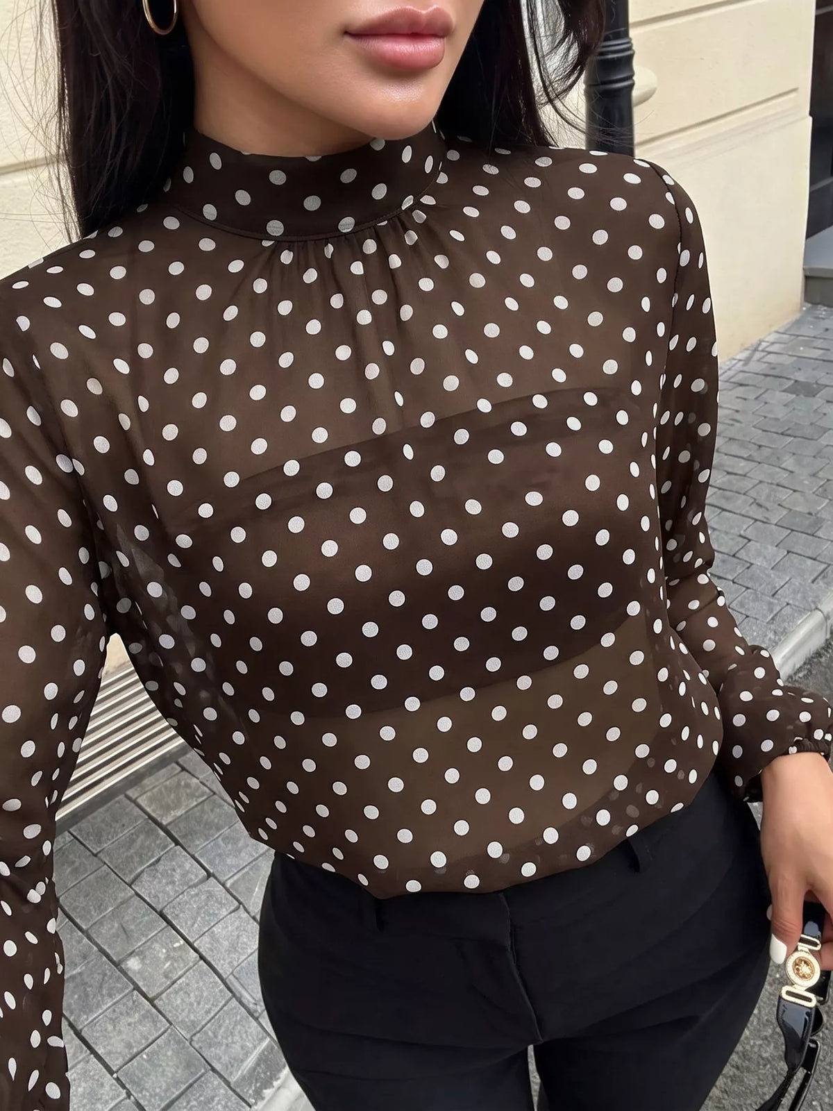 Polka Dot Mock Neck Long Sleeve Blouse