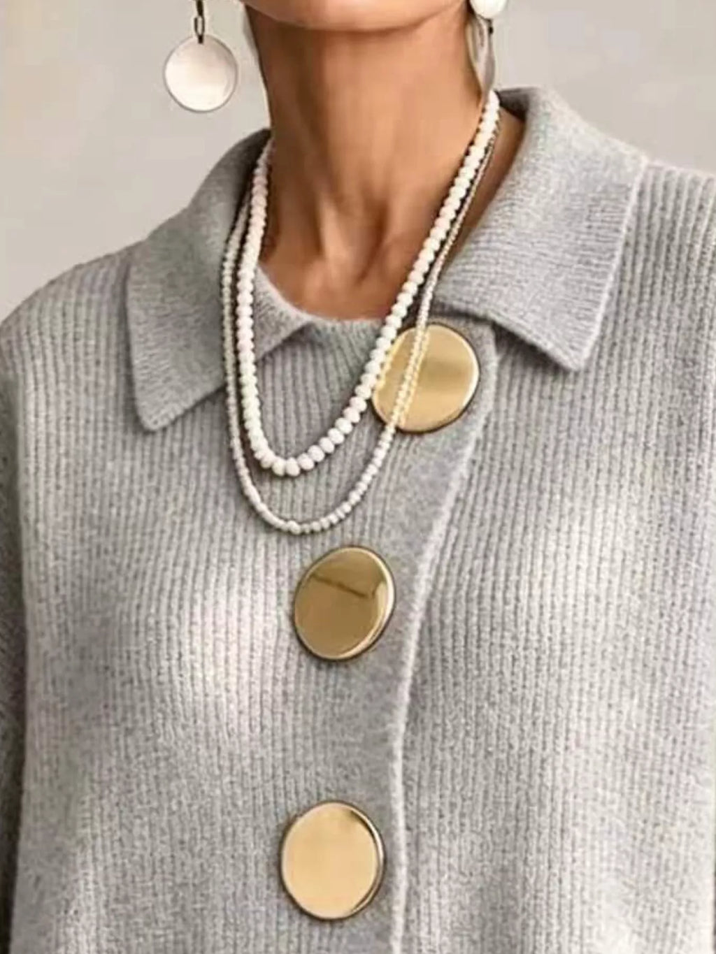 Full Size Gold Buttons Lantern Sleeve Cardigan Plus Size