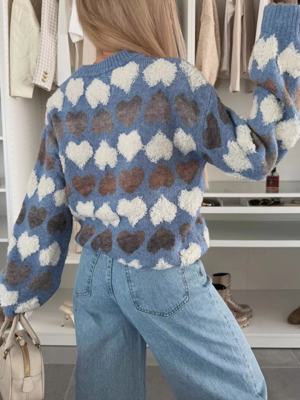 Heart-Patterned Round Neck Sweater