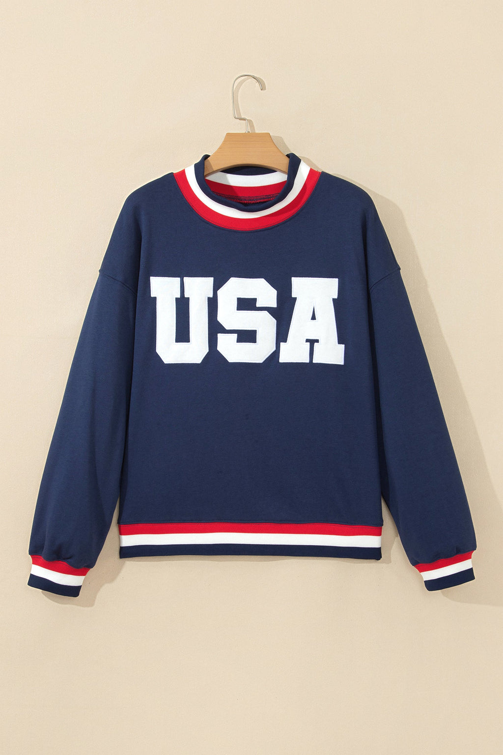 Dirty blue USA Slogan Patch Embroidery Colorblock High Neck Long Sleeve Sweatshirt