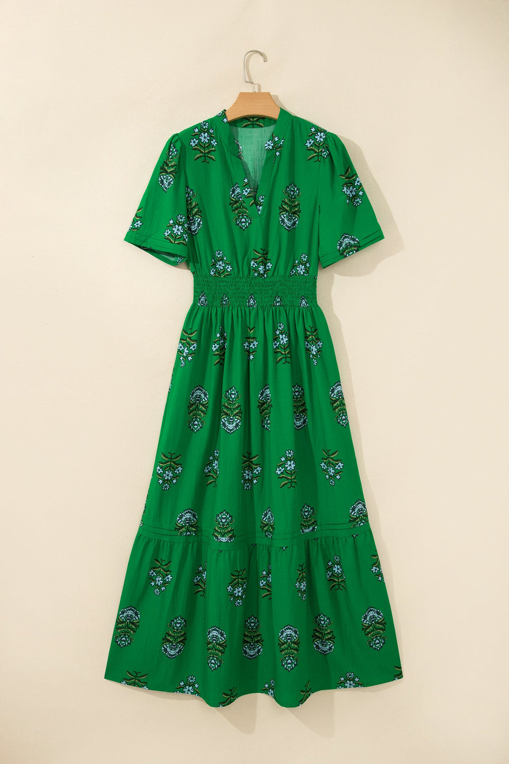 Green Floral Print Split Neck Shirred High Waist Ruffle Hem Maxi Dress