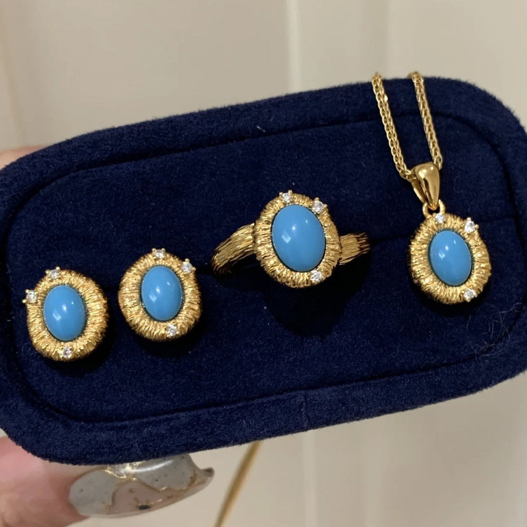 Antique Vintage Handmade Brushed Blue Pine Necklace Women's Niche Design Light Luxury White Ring Elegant Earrings