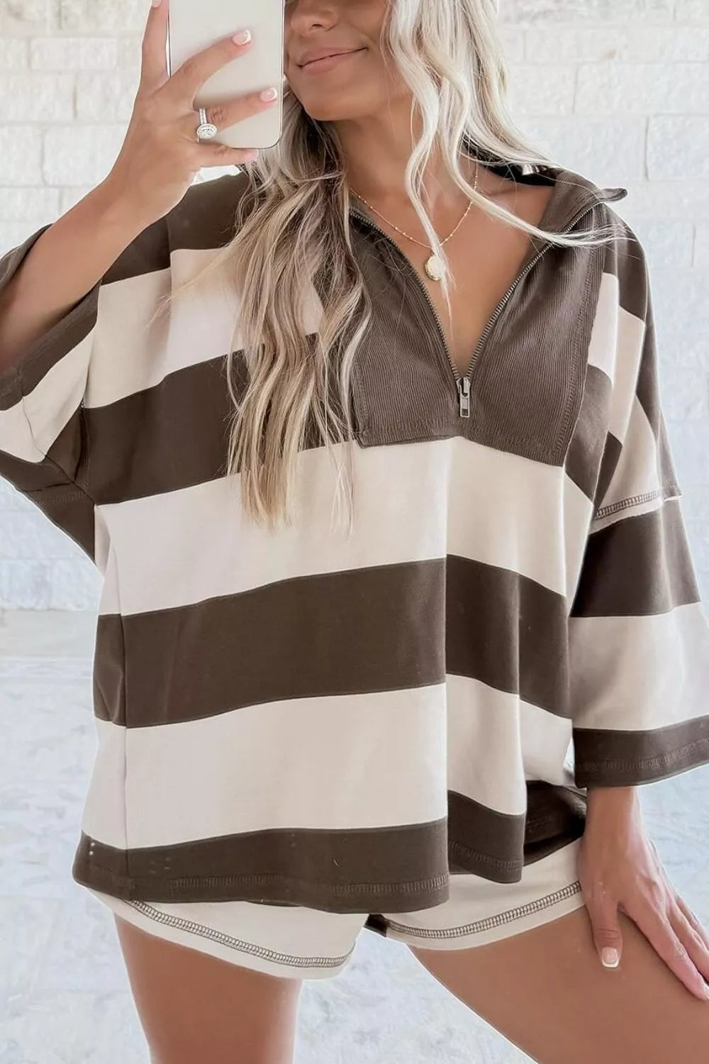 Striped Color Block Zip Collar 3/4 Sleeve Oversize Sweatshirt