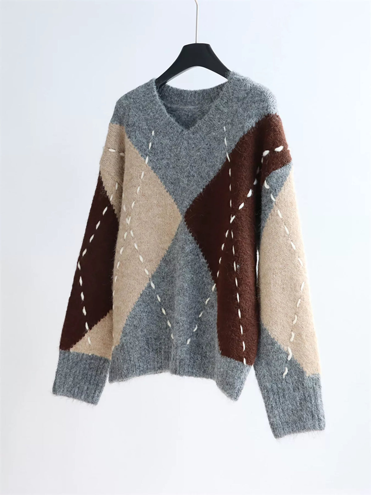 Argyle Pattern V-Neck Oversized Sweater