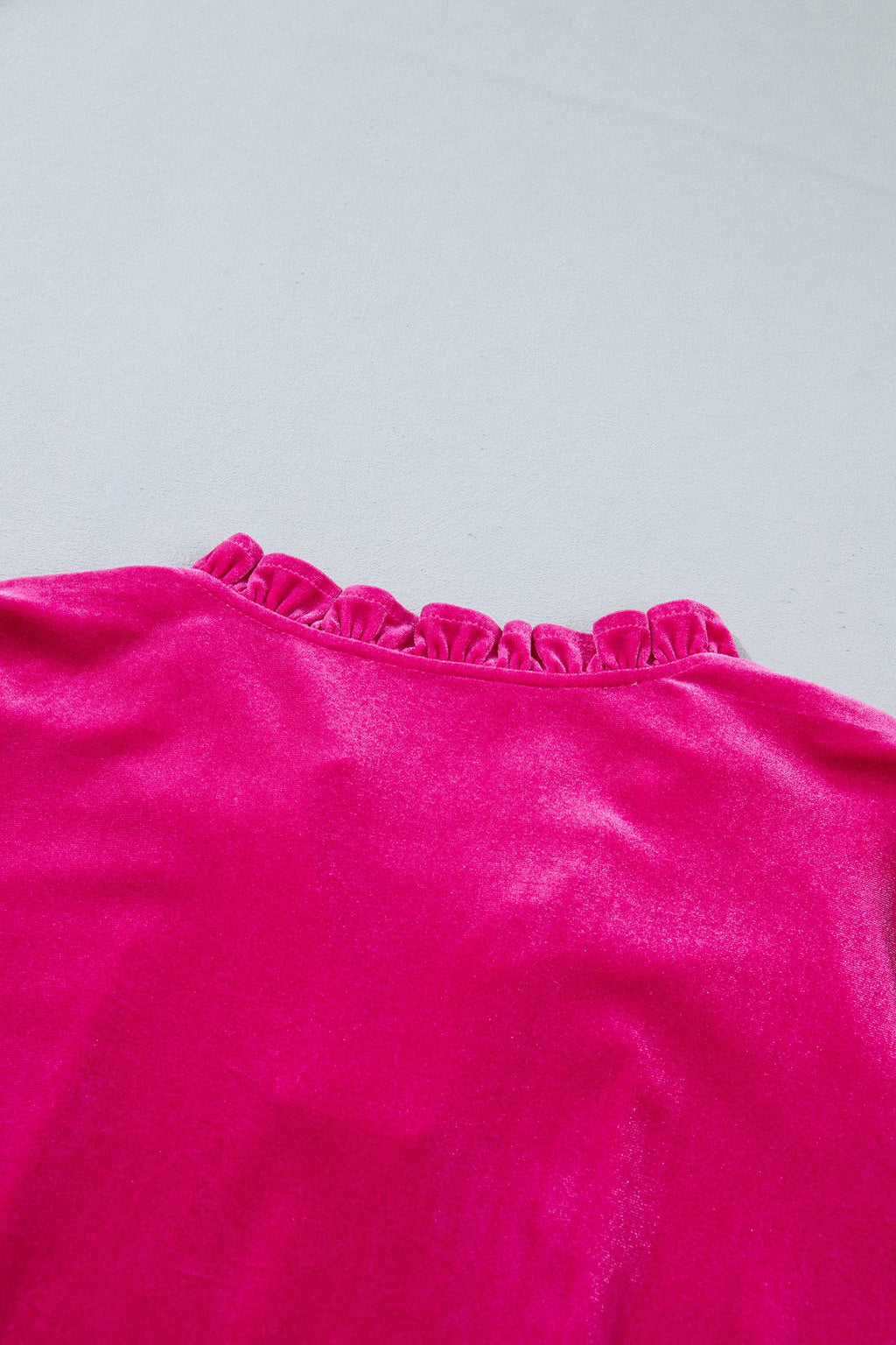 Strawberry Pink V Neck Velvet Ruffled Cuffs Hem Long Sleeve Top