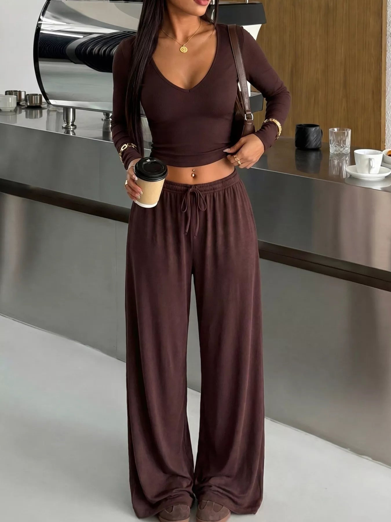 V-Neck Long Sleeve Top and Wide-Leg Pants Set