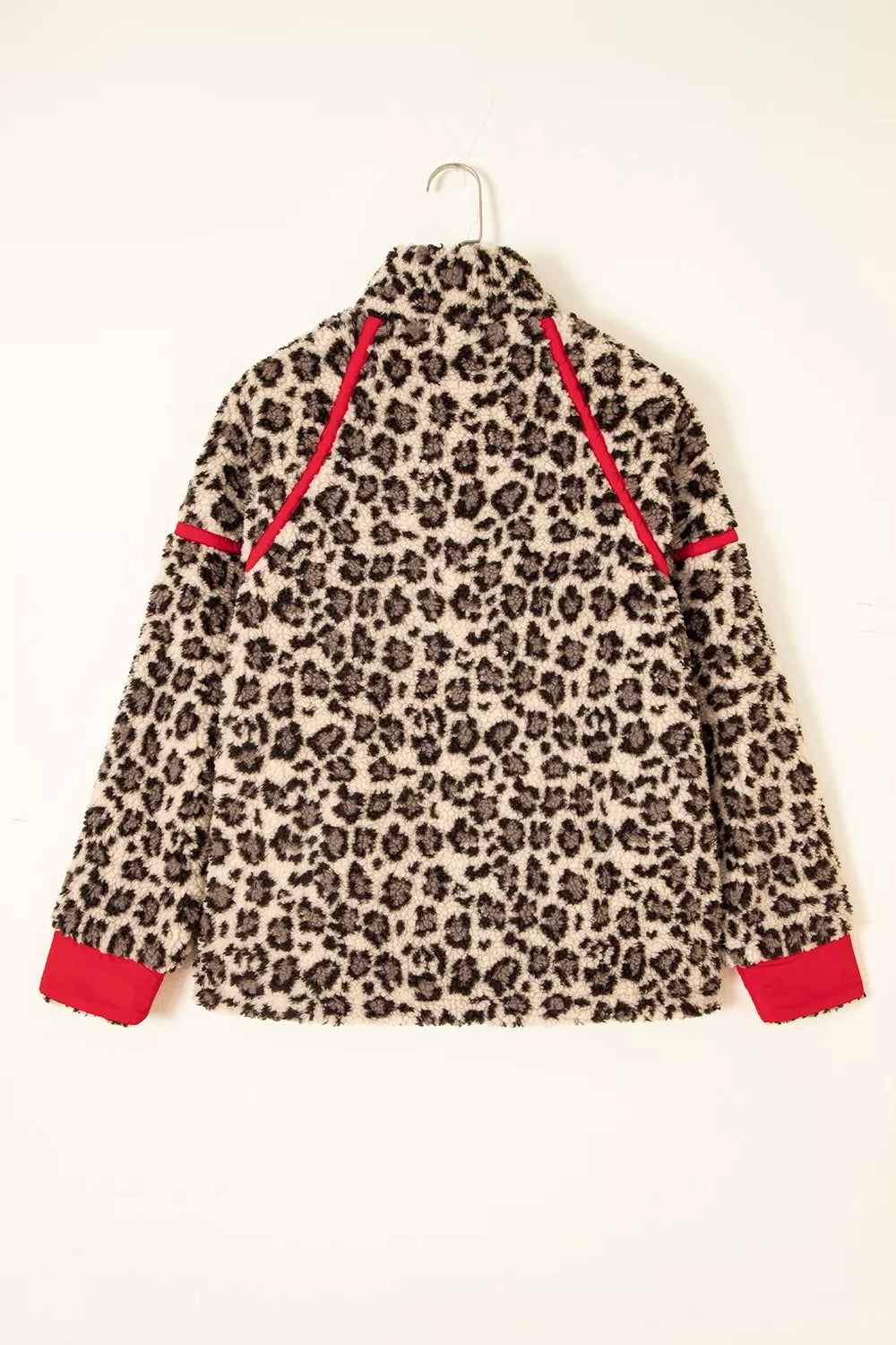Leopard Print Zip-Up Red Accents Pockets Sweatshirt