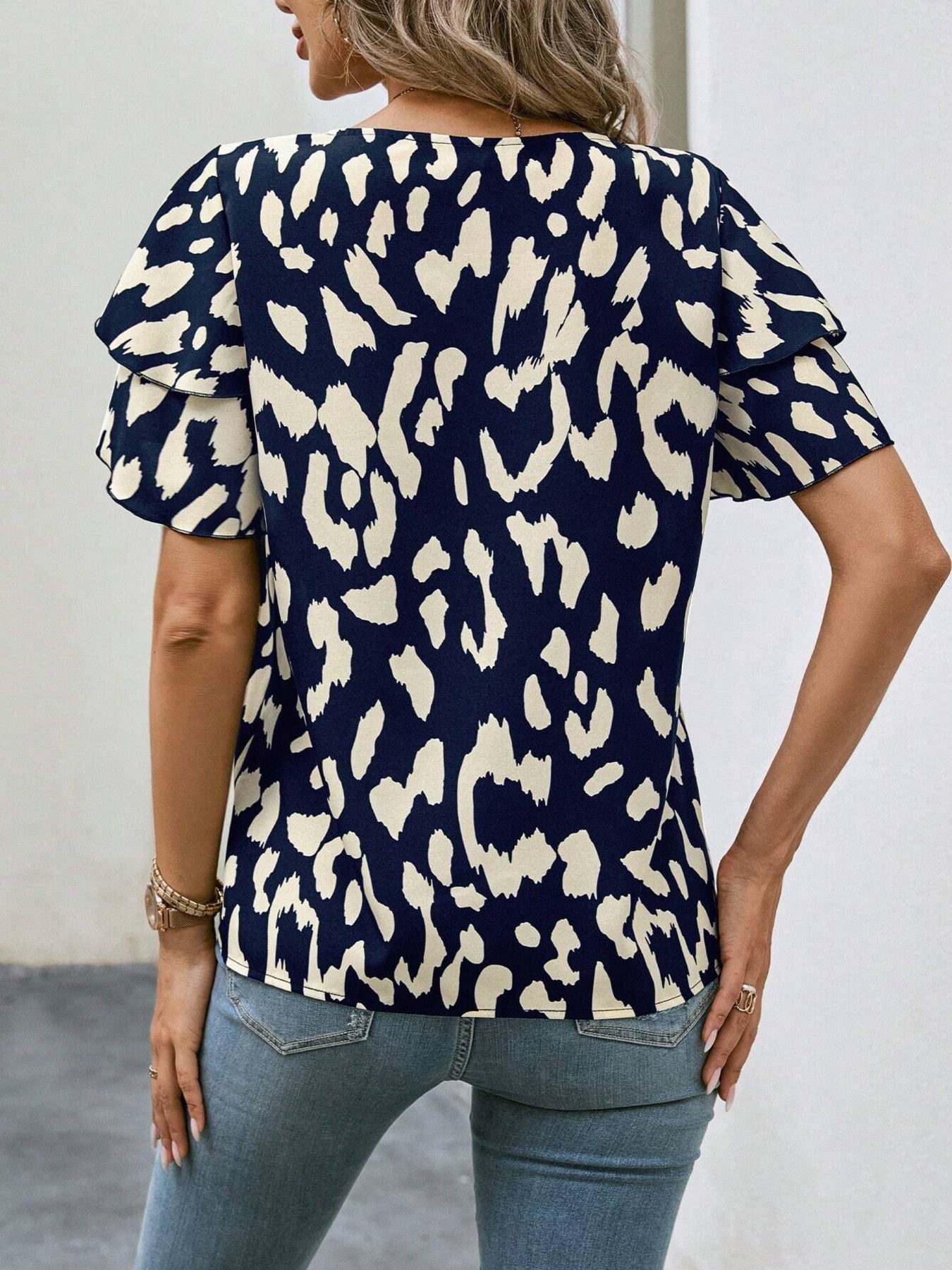 Animal Print Ruffle Sleeve Blouse