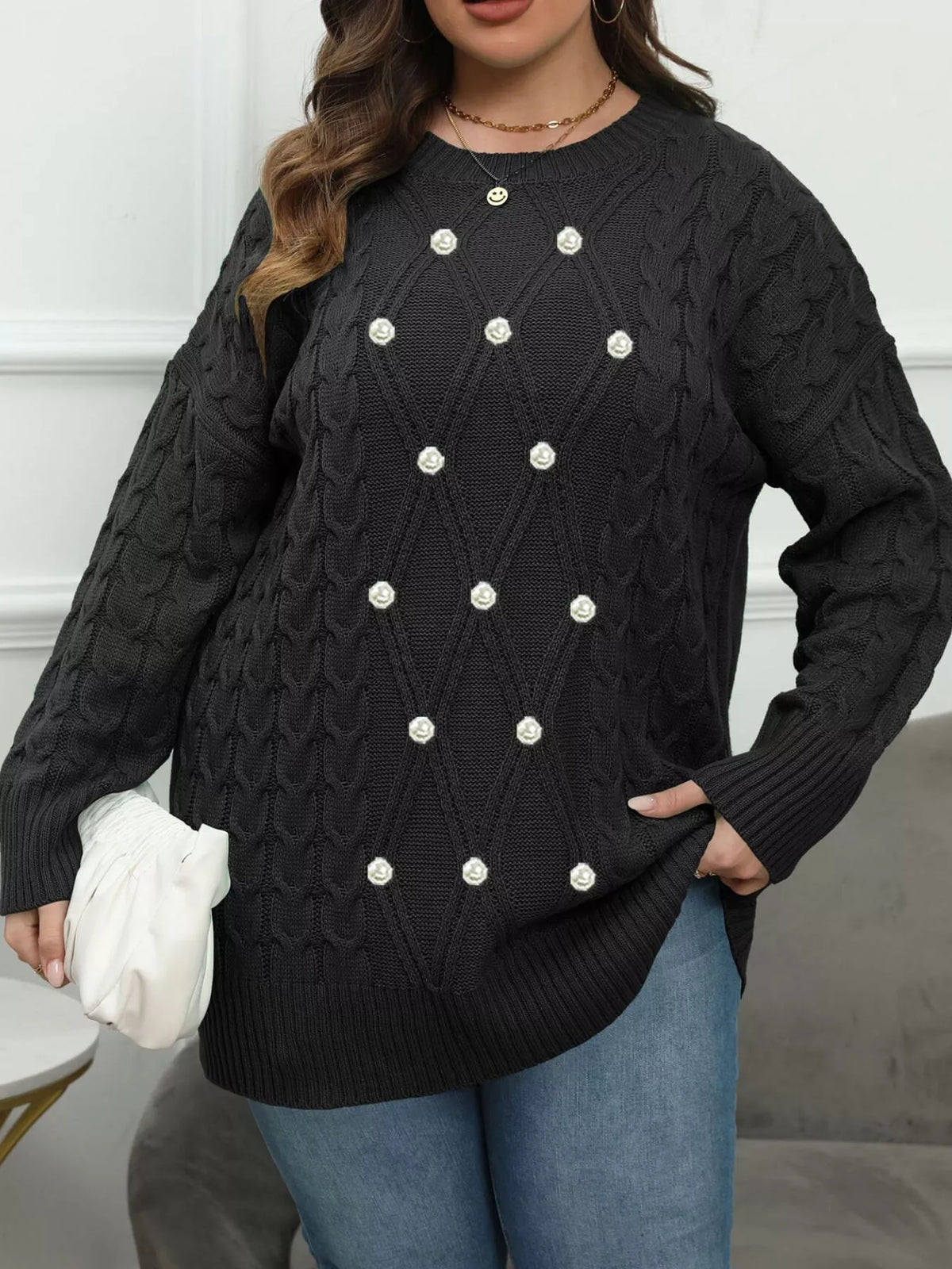 Plus Size Cable Knit Dropped Shoulder Sweater