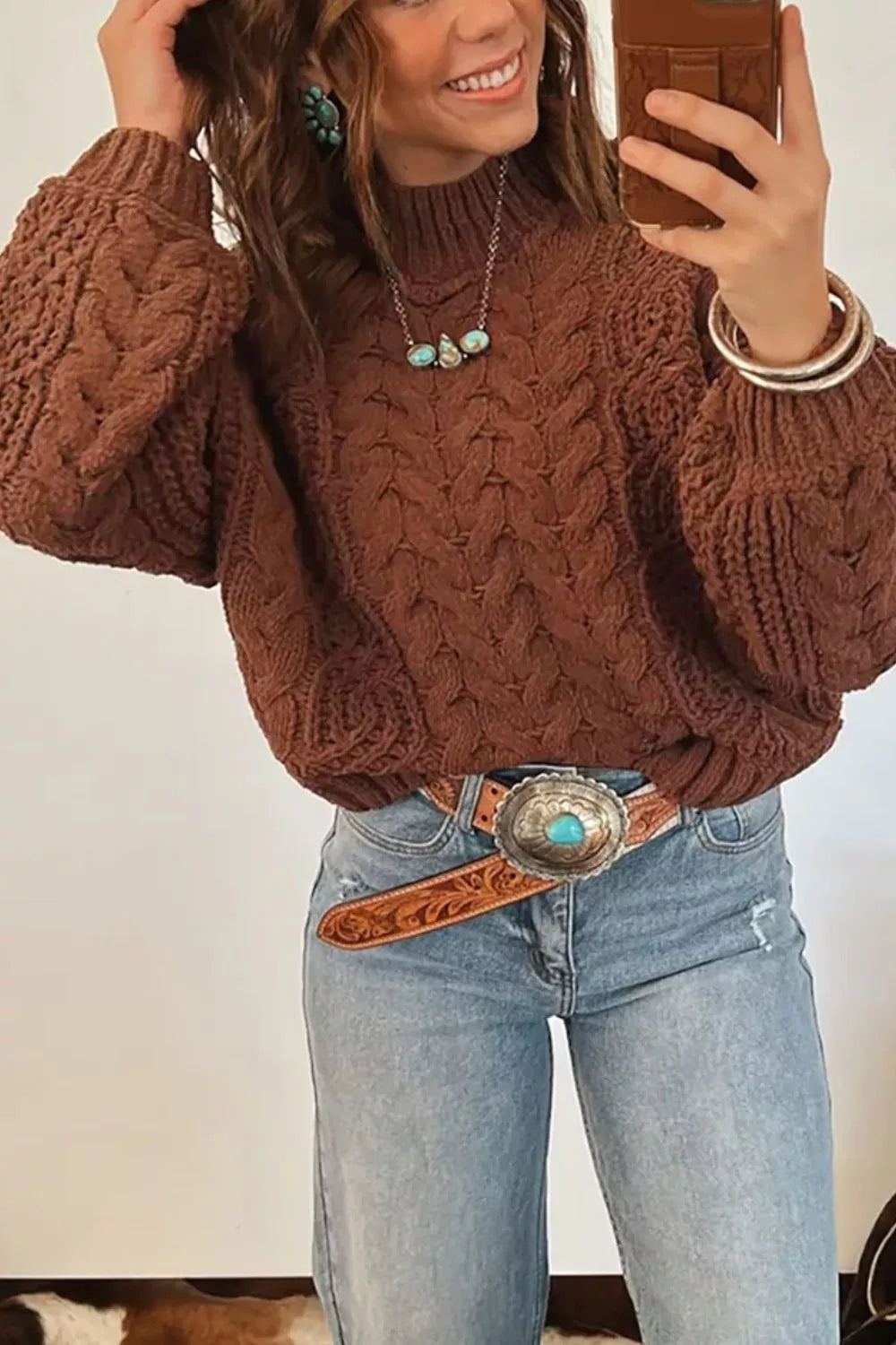 Mock Neck Cable Knit Sweater