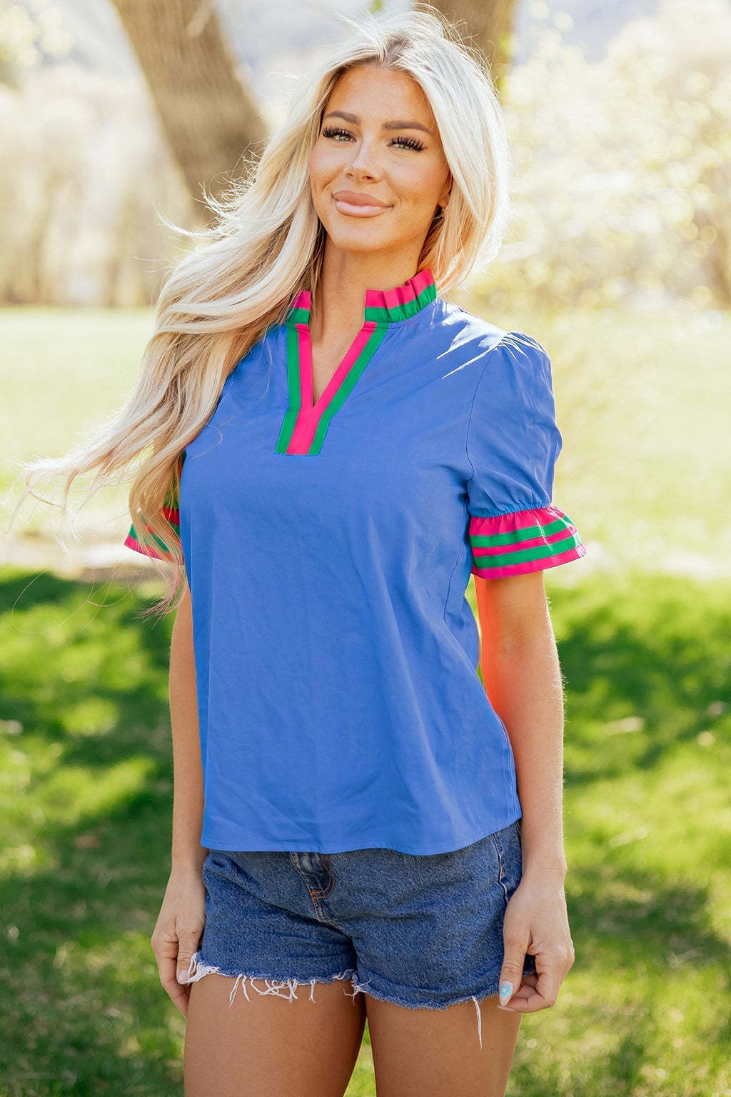 Sky Blue Striped Frilled Collar Ruffled Short Sleeve Blouse