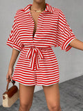 Striped Button Front Half Sleeve Romper