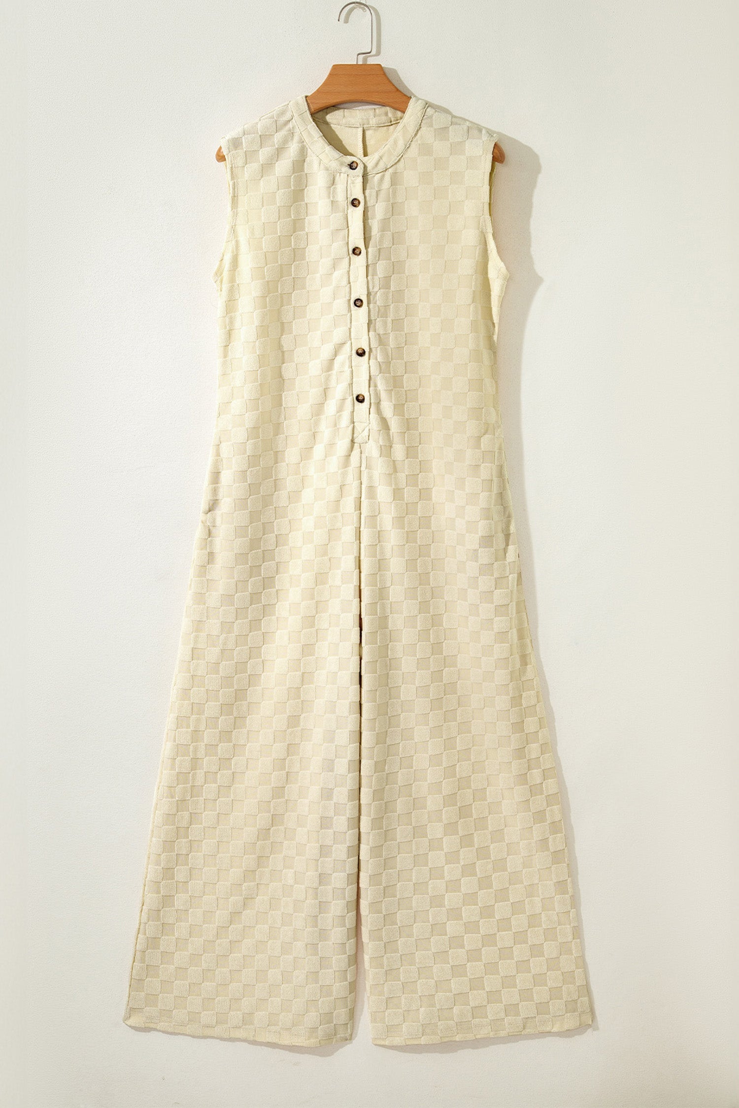 White Half Buttons Sleeveless Wide Leg Textured Jumpsuit