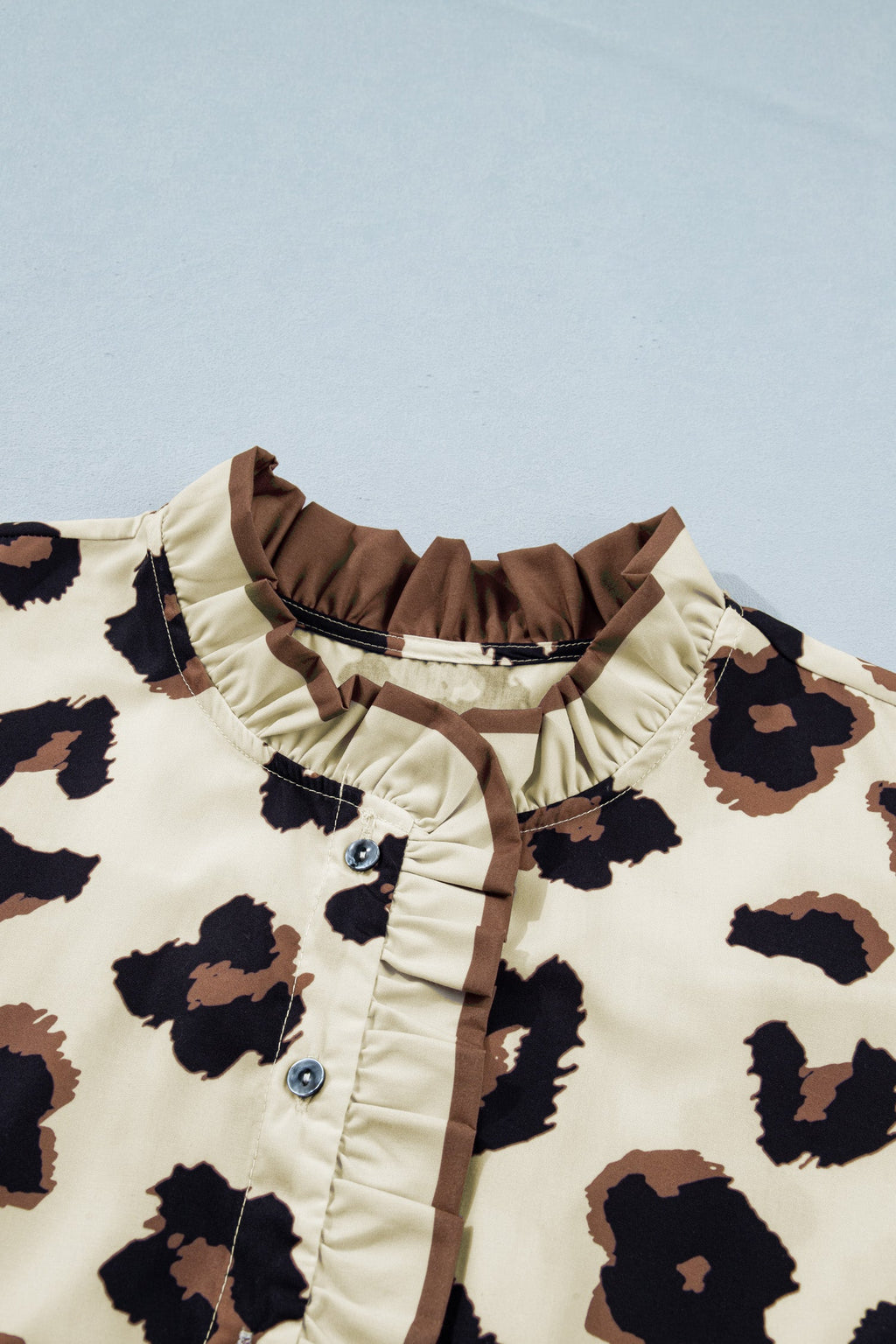 Khaki Plus Size Leopard Print Frilled Color Block Trim Button Down Short Sleeve Blouse