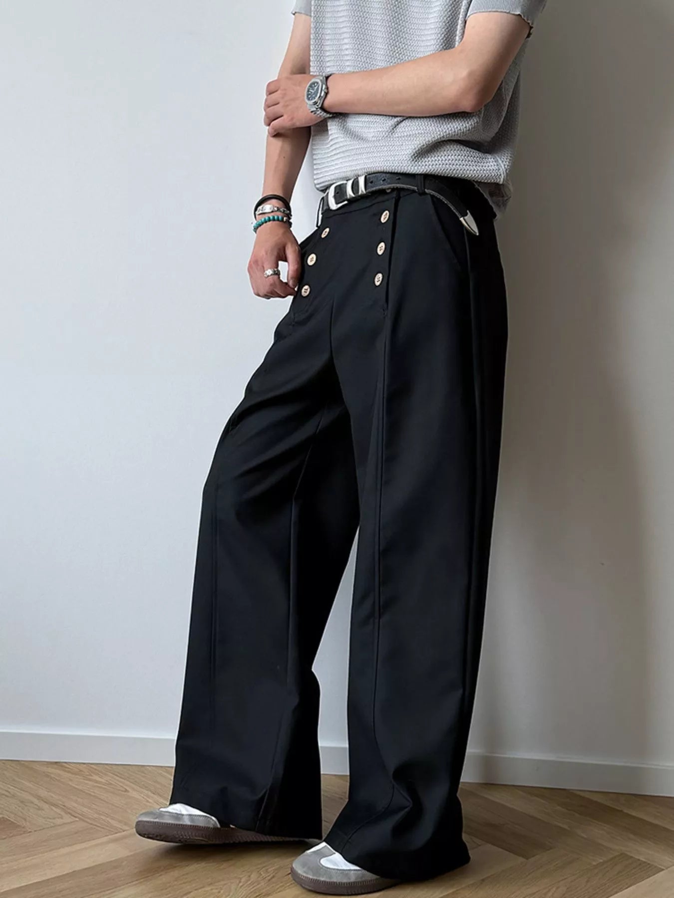 Men's  Button-Detailed Wide Leg Pants
