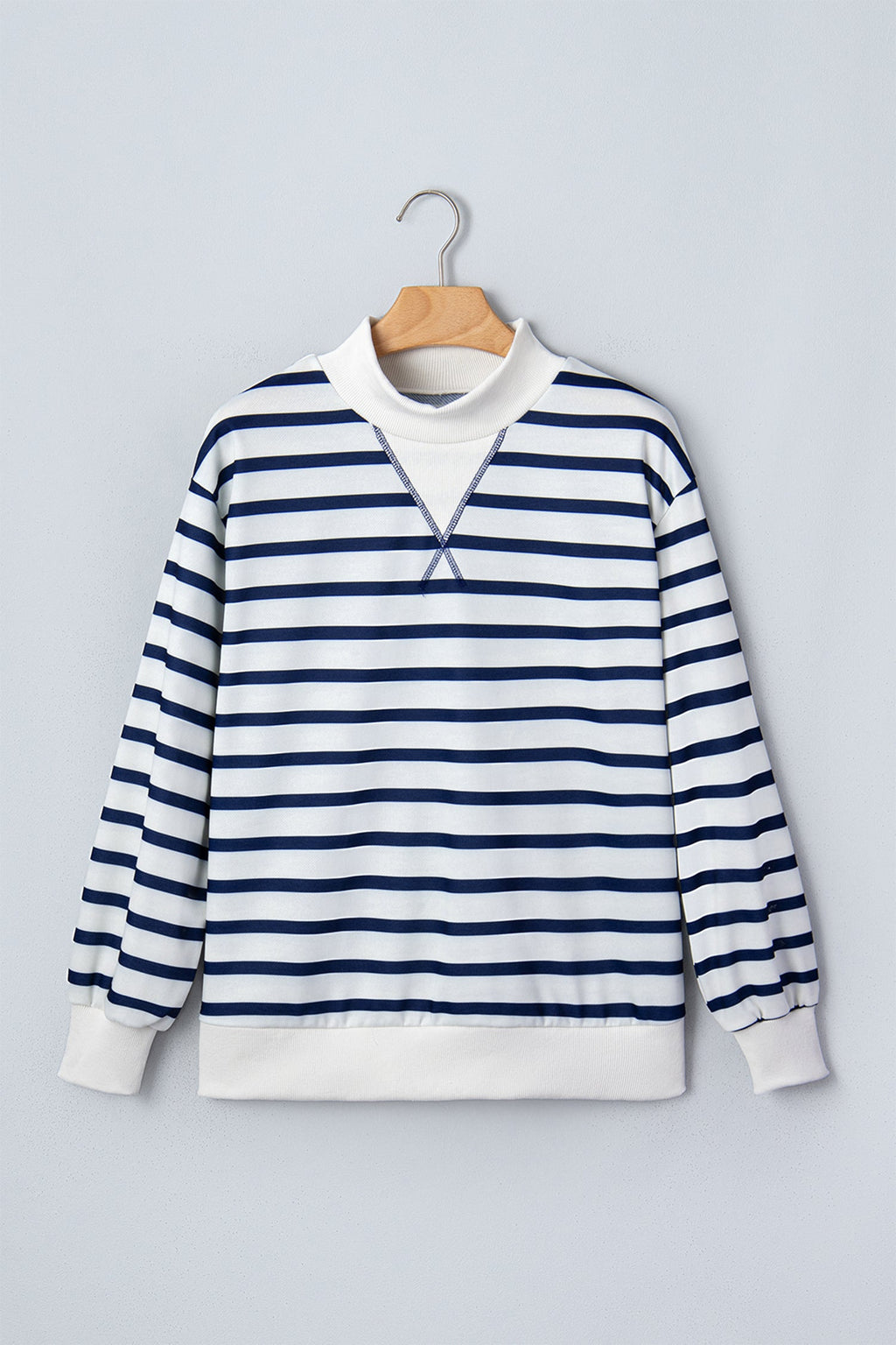 Blue Stripe Striped Stand Neck Long Sleeve Ribbed Cuff Hem Sweatshirt