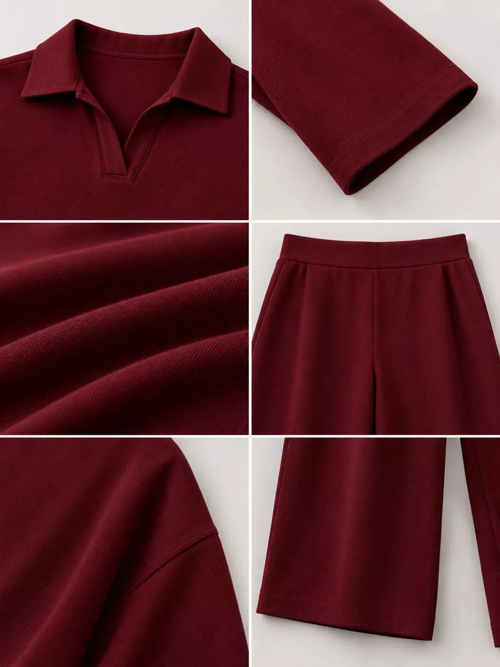 Polo Collar Top and Wide-Leg Pants Set