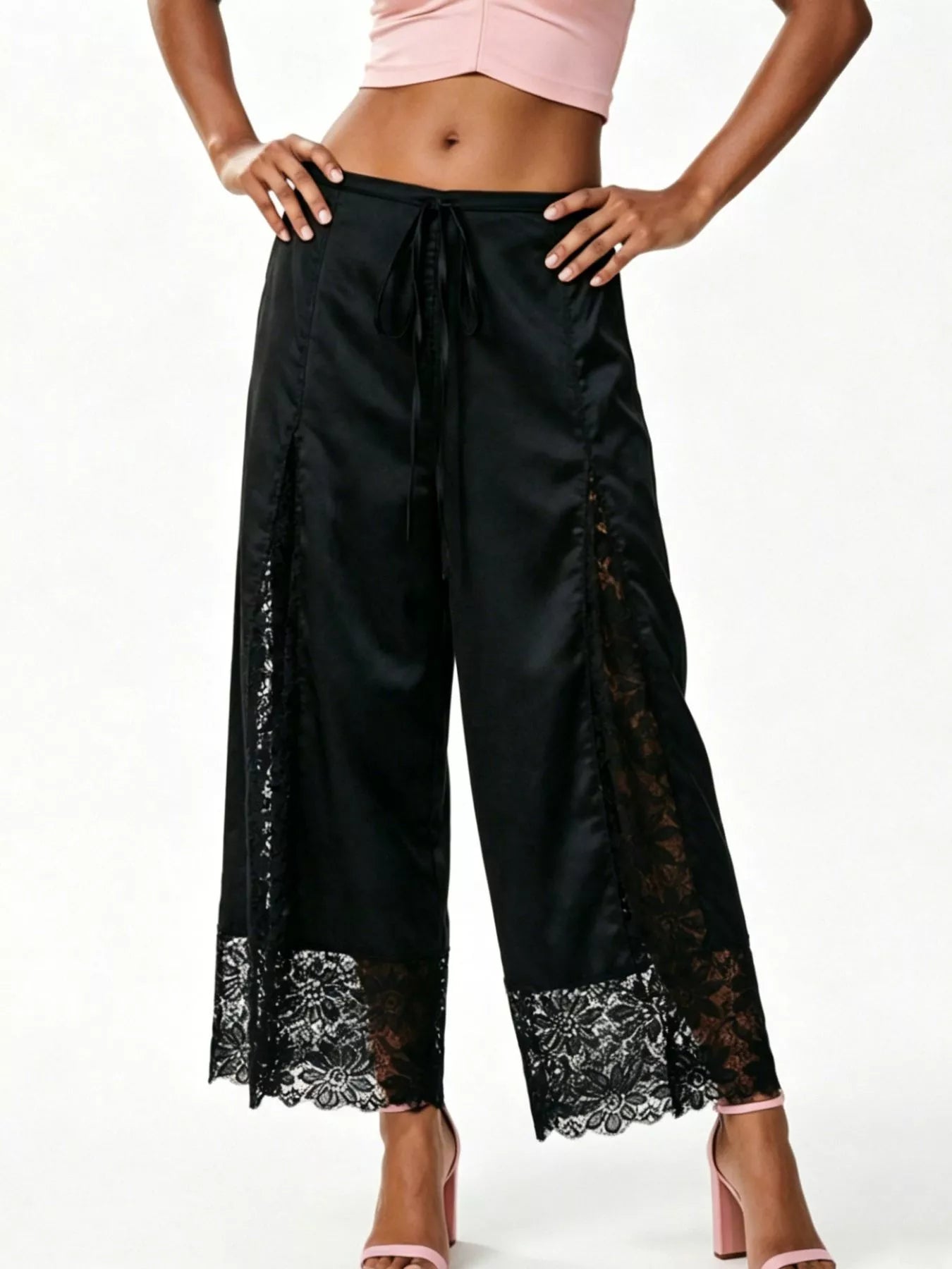 Lace Trim Wide-Leg Cropped Pants