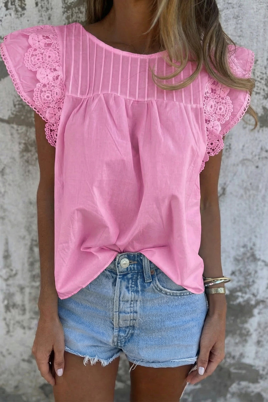 Bonbon Lace Detail Flutter Sleeve Pleated Round Neck Blouse