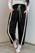 Black Contrast Striped Smocked Waist Drawstring Cropped Casual Pants
