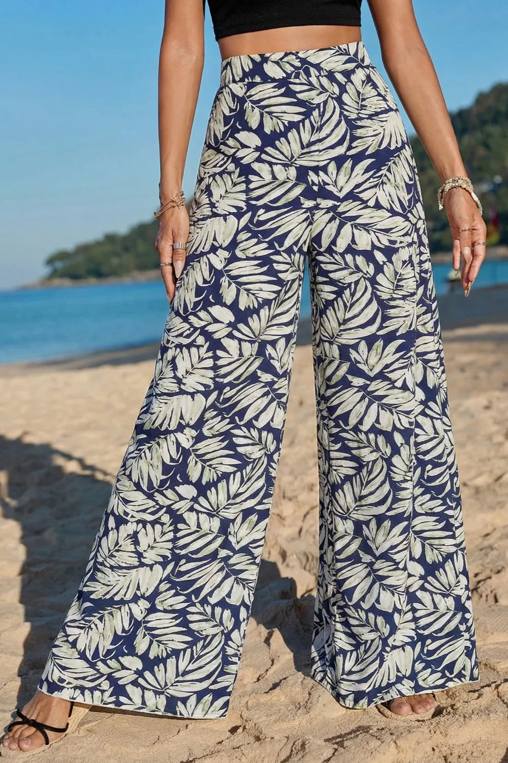 Leaf Print Wide Leg Pants