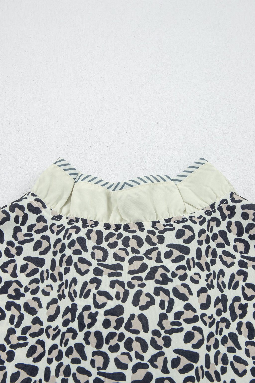 Black Plus Leopard Print Striped Color Block Trim Frilled V Neck Short Sleeve Blouse