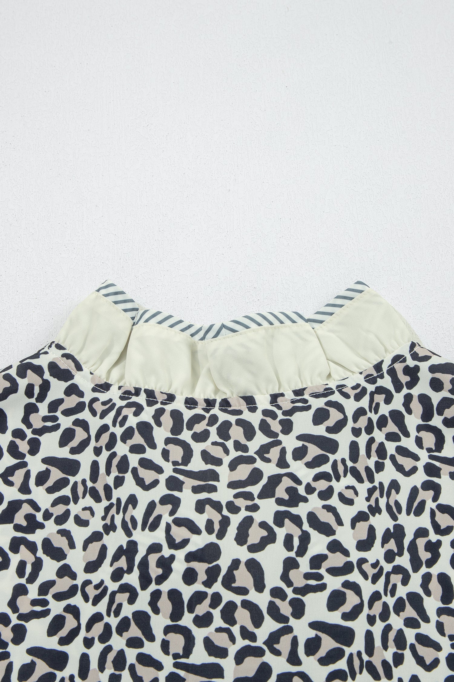 Black Plus Leopard Print Striped Color Block Trim Frilled V Neck Short Sleeve Blouse