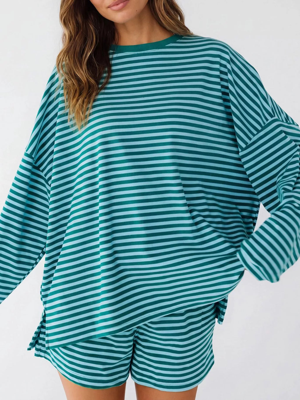 Casual Striped Long Sleeve Top and Shorts Set